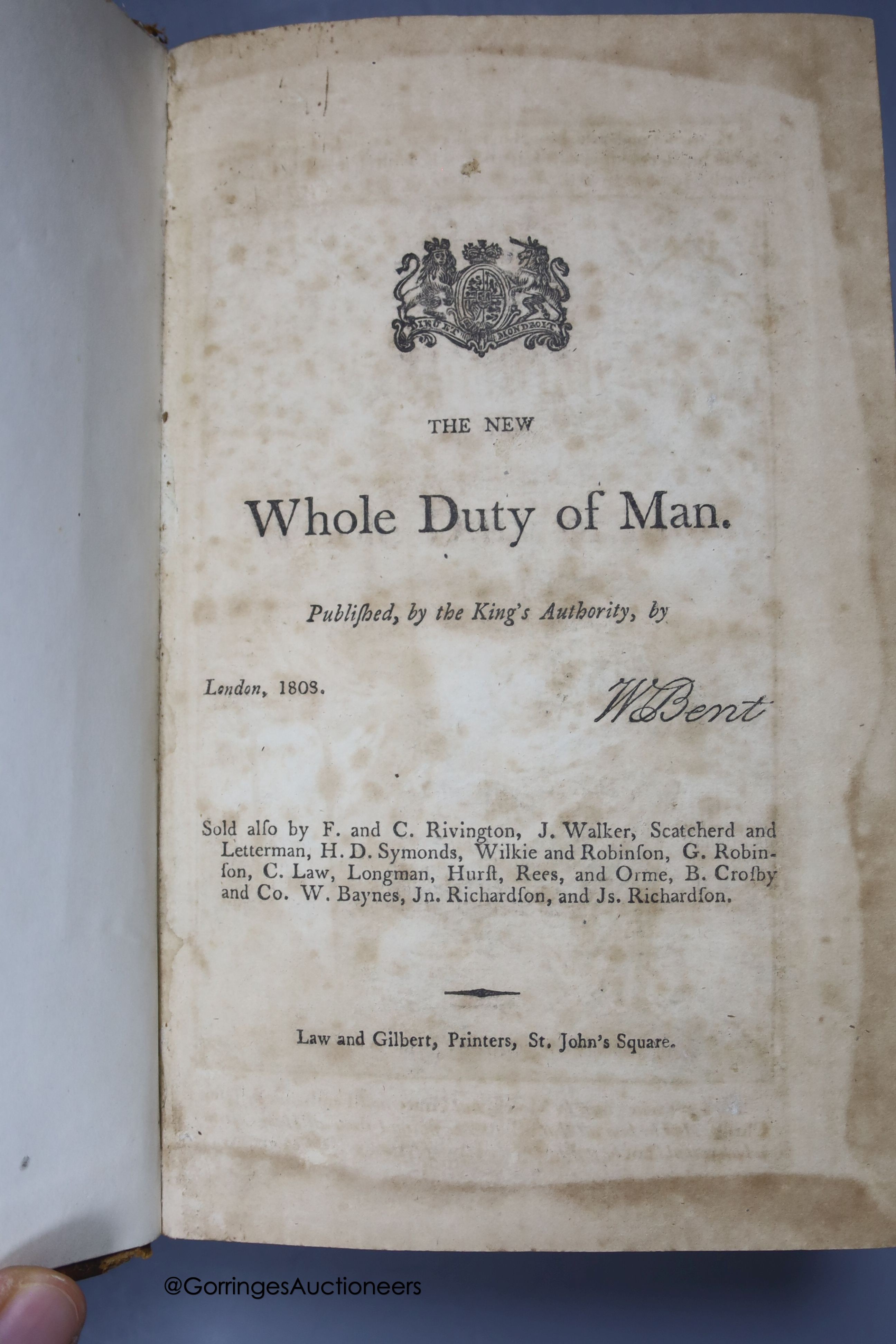 A collection of leather bound books, including The Truth of The Scripture 1808 to follow The Whole Duty of Man